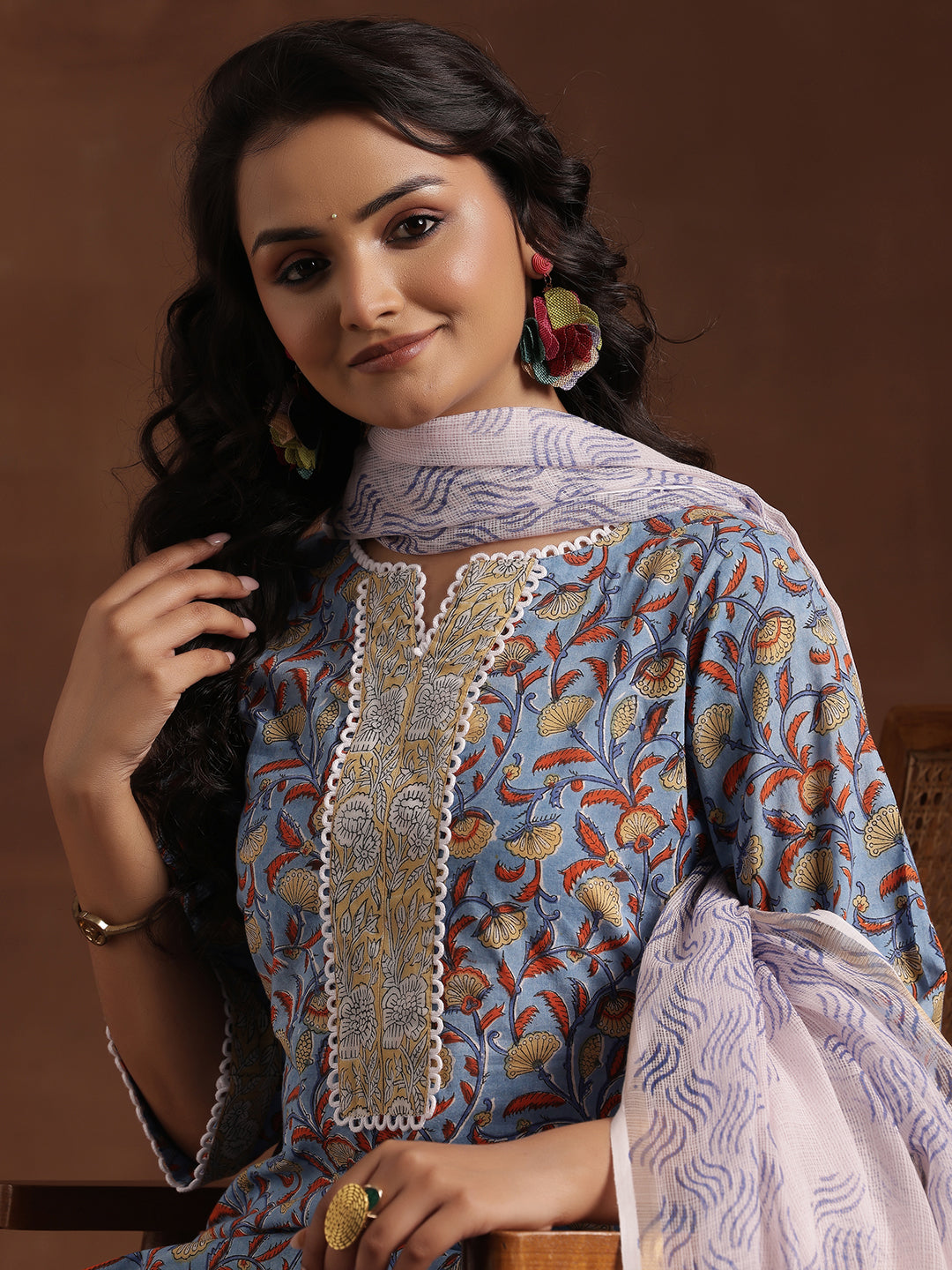 Blue Printed Cotton Straight Suit With Dupatta