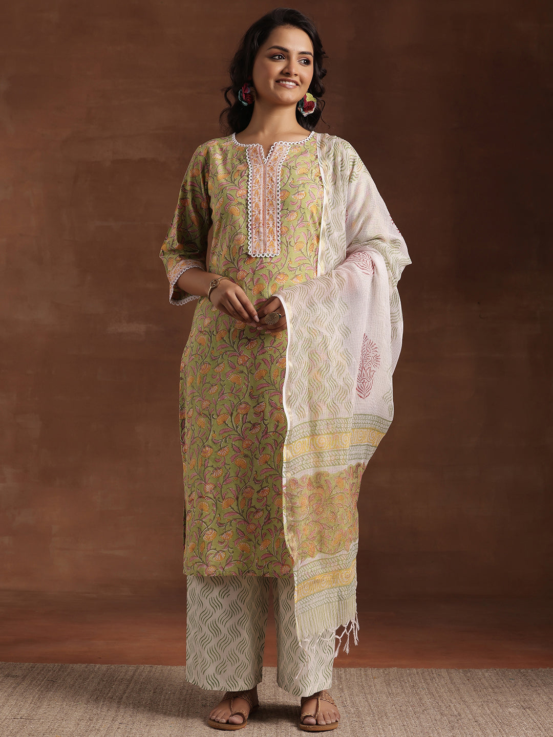 Green Printed Cotton Straight Suit With Dupatta