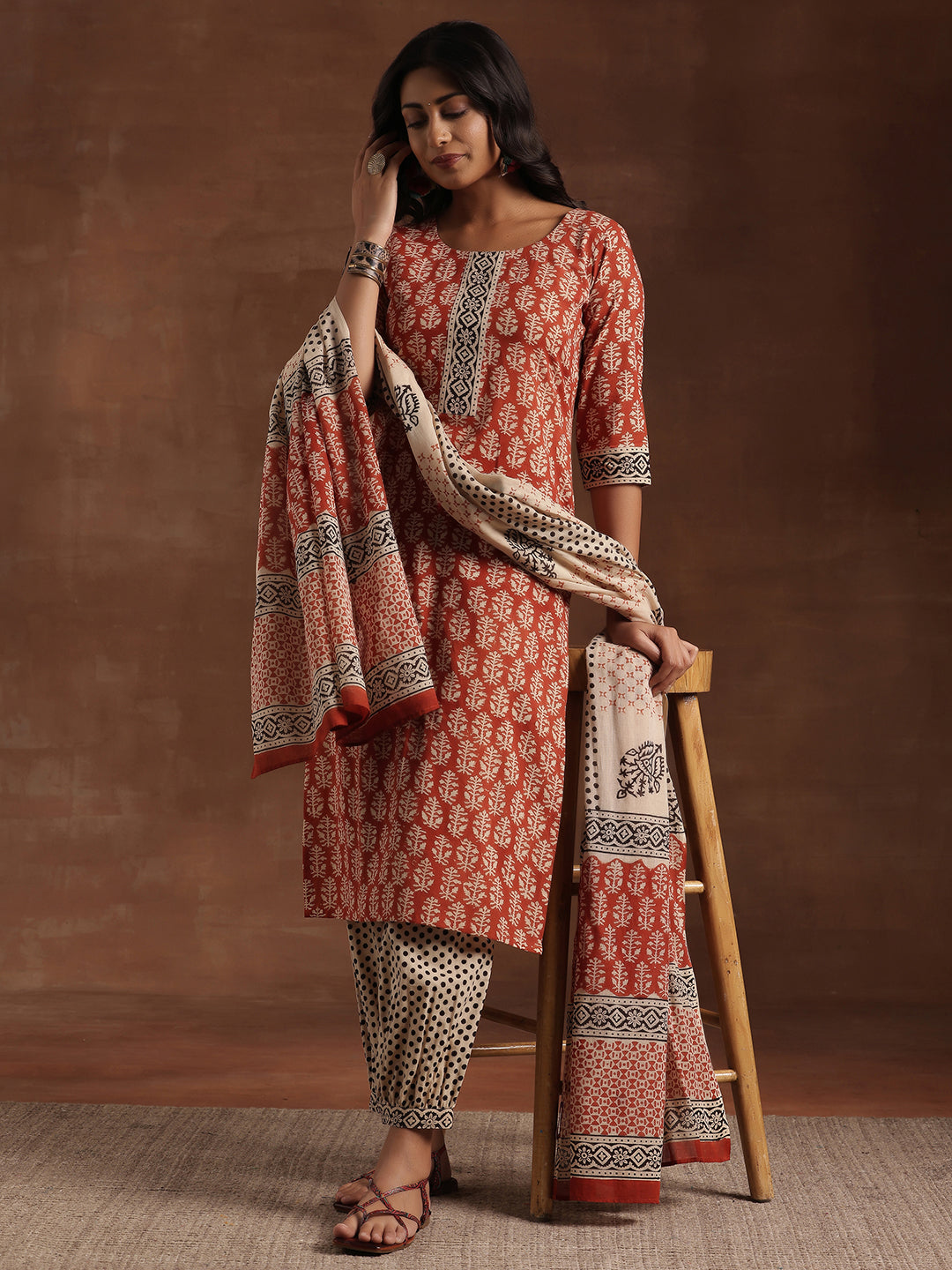 Rust Printed Cotton Straight Suit With Dupatta