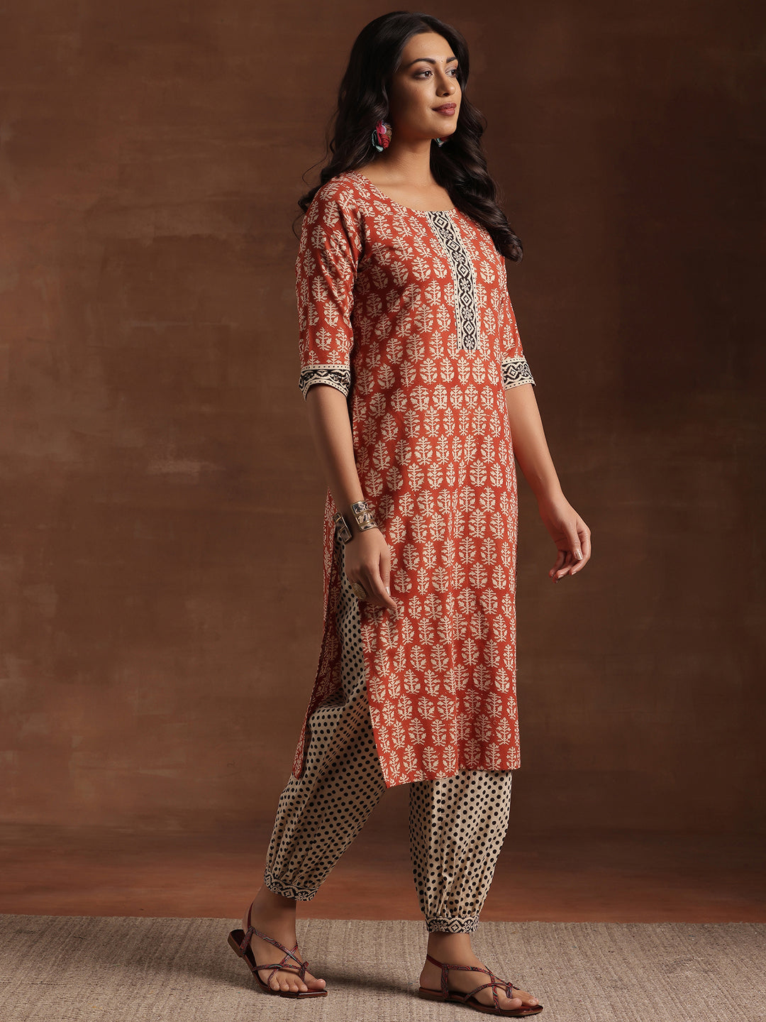 Rust Printed Cotton Straight Suit With Dupatta