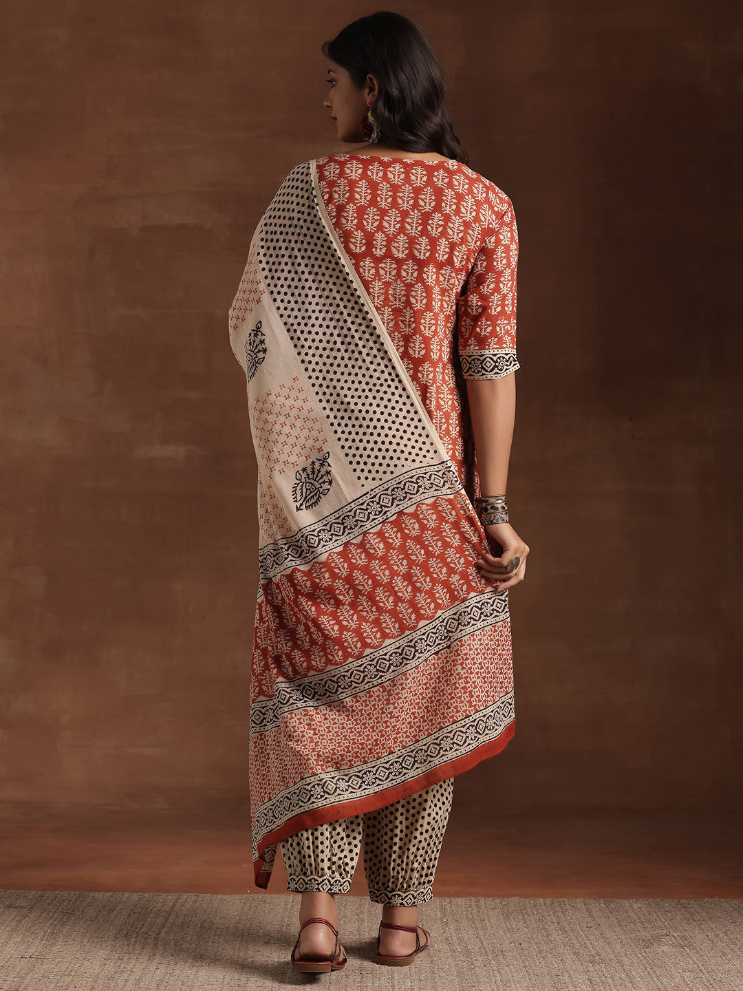 Rust Printed Cotton Straight Suit With Dupatta