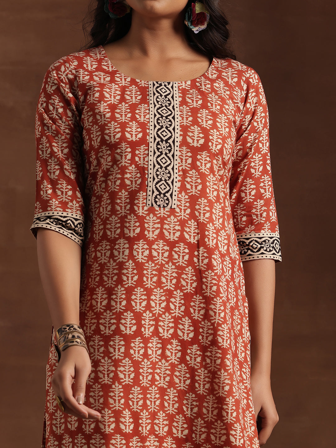 Rust Printed Cotton Straight Suit With Dupatta