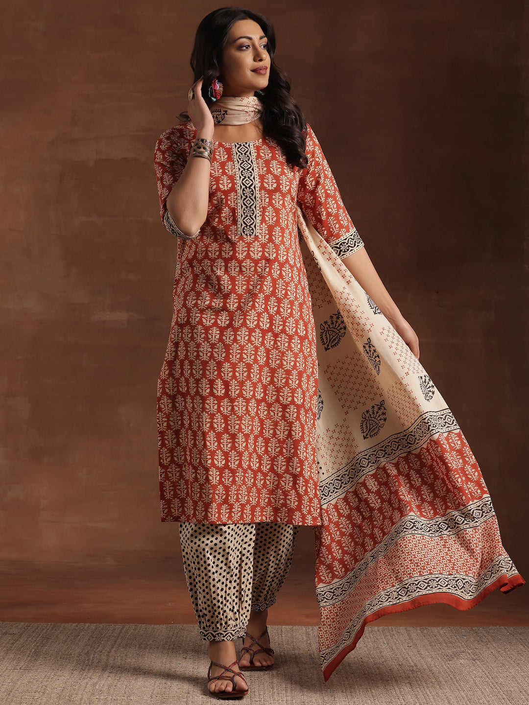 Rust Printed Cotton Straight Suit With Dupatta