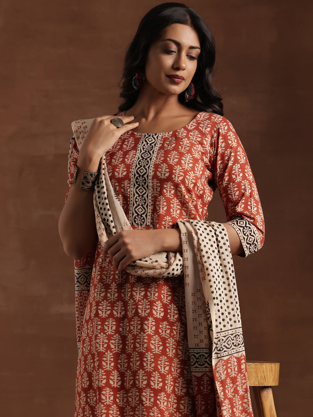 Rust Printed Cotton Straight Suit With Dupatta