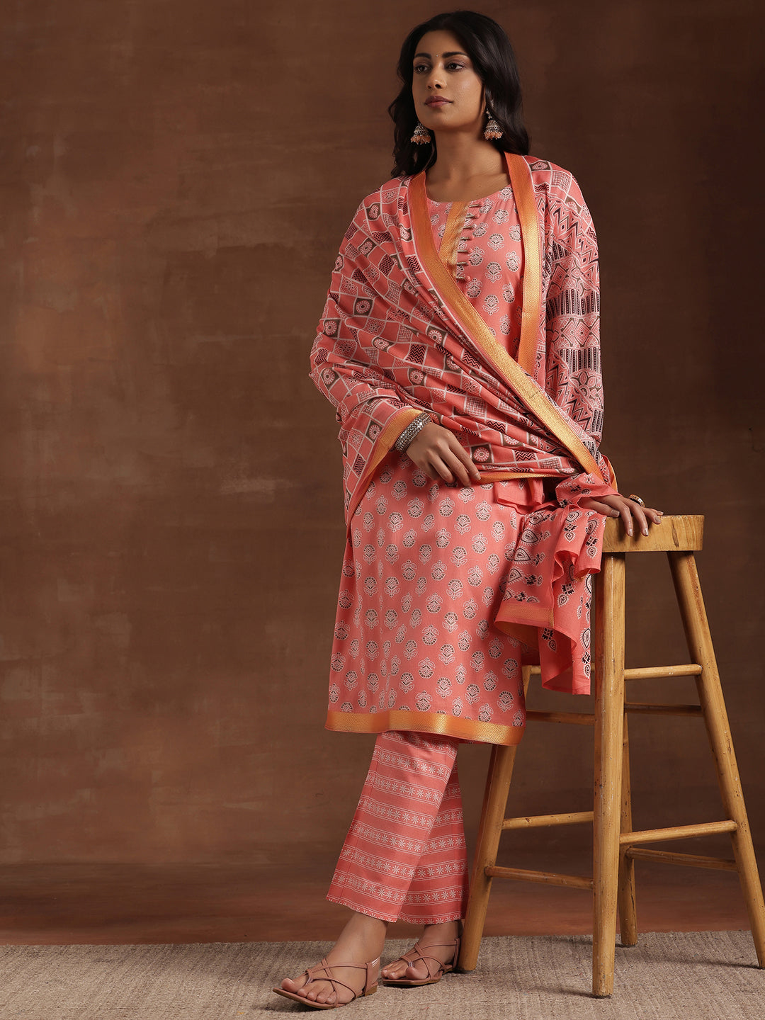 Peach Printed Cotton Straight Suit With Dupatta