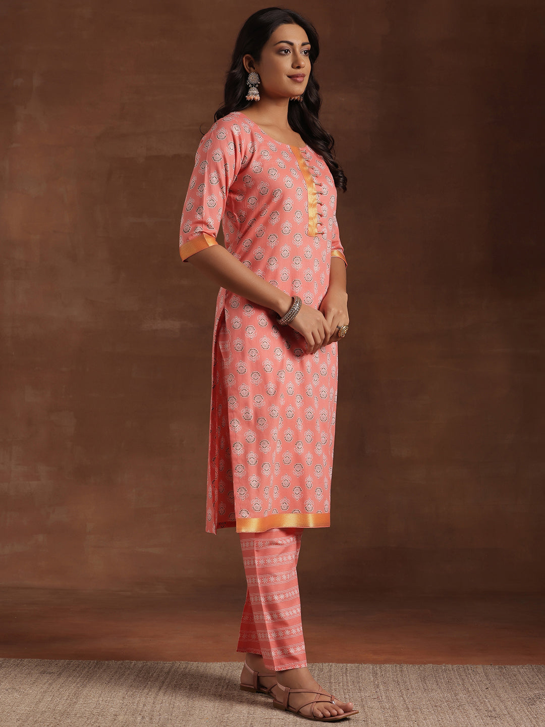 Peach Printed Cotton Straight Suit With Dupatta