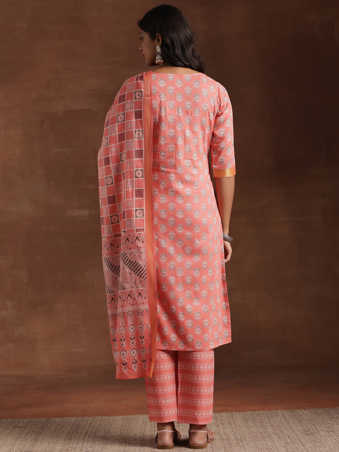 Peach Printed Cotton Straight Suit With Dupatta