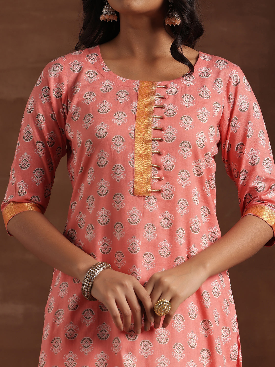 Peach Printed Cotton Straight Suit With Dupatta