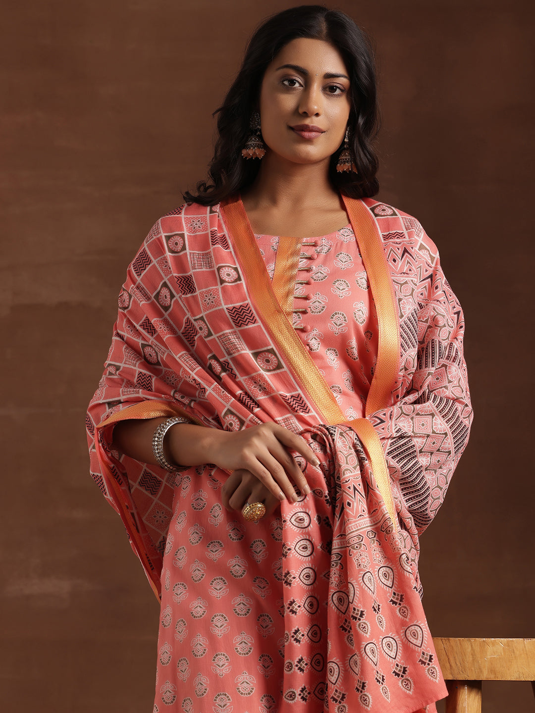 Peach Printed Cotton Straight Suit With Dupatta