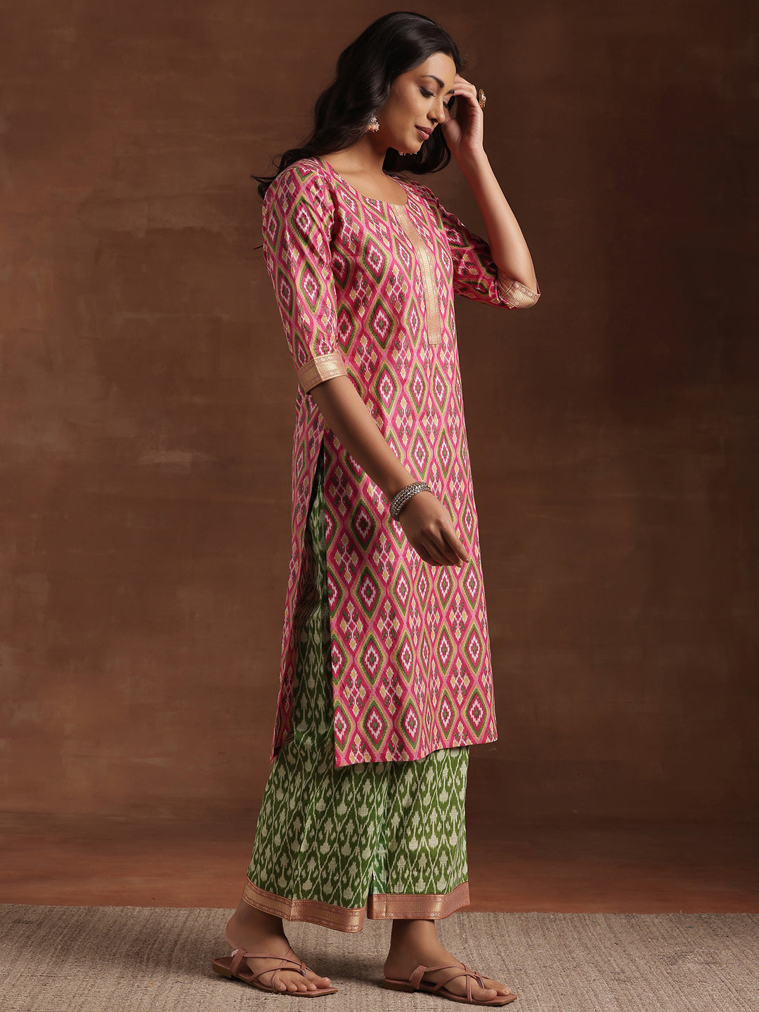 Pink Printed Cotton Straight Suit With Dupatta