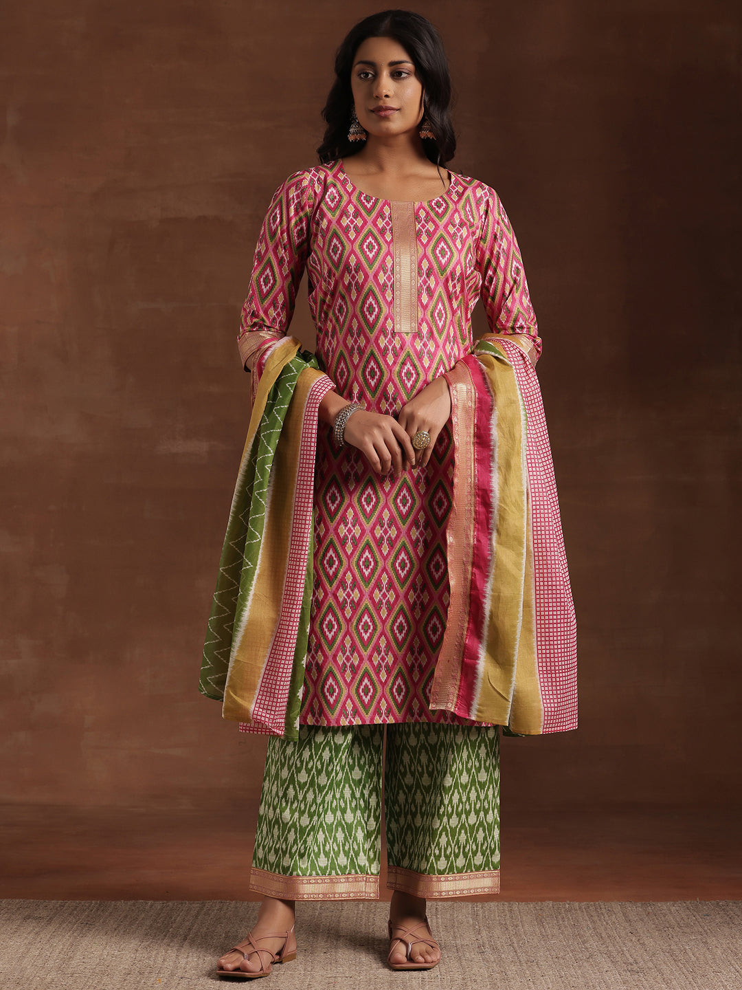 Pink Printed Cotton Straight Suit With Dupatta