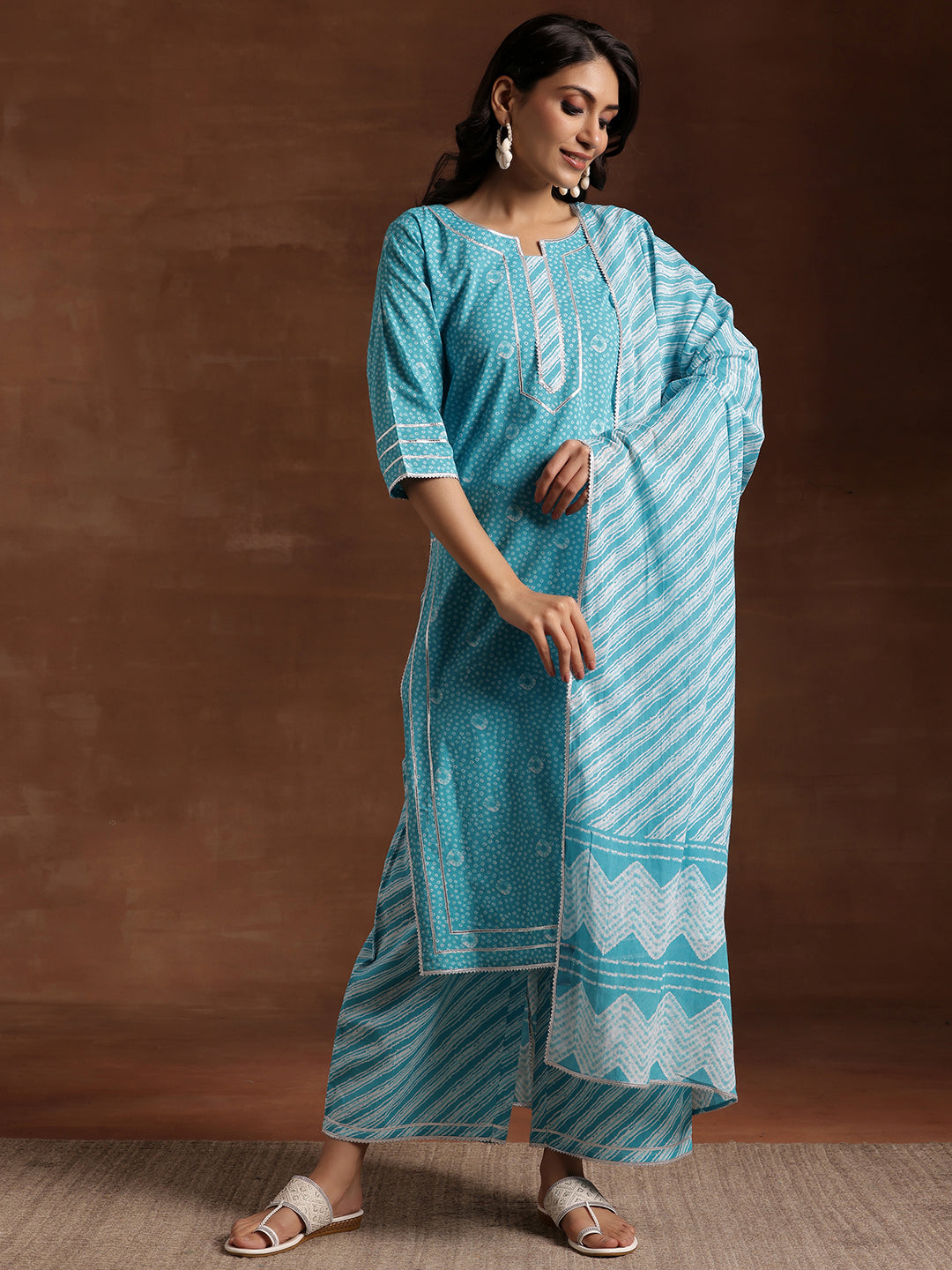 Blue Printed Cotton Straight Suit With Dupatta