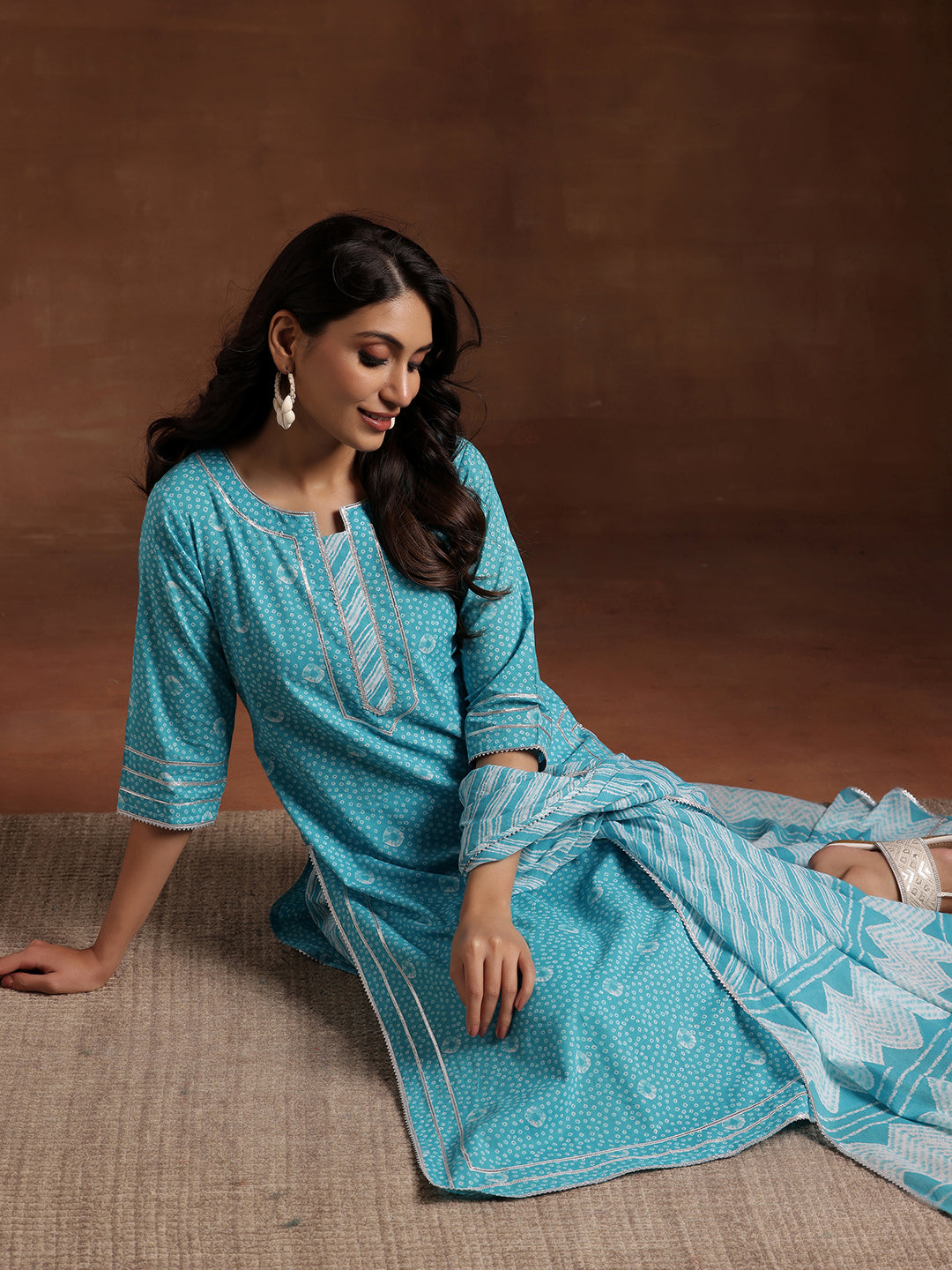 Blue Printed Cotton Straight Suit With Dupatta