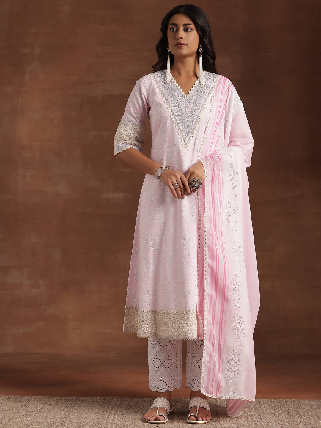 Pink Printed Cotton Straight Suit With Dupatta