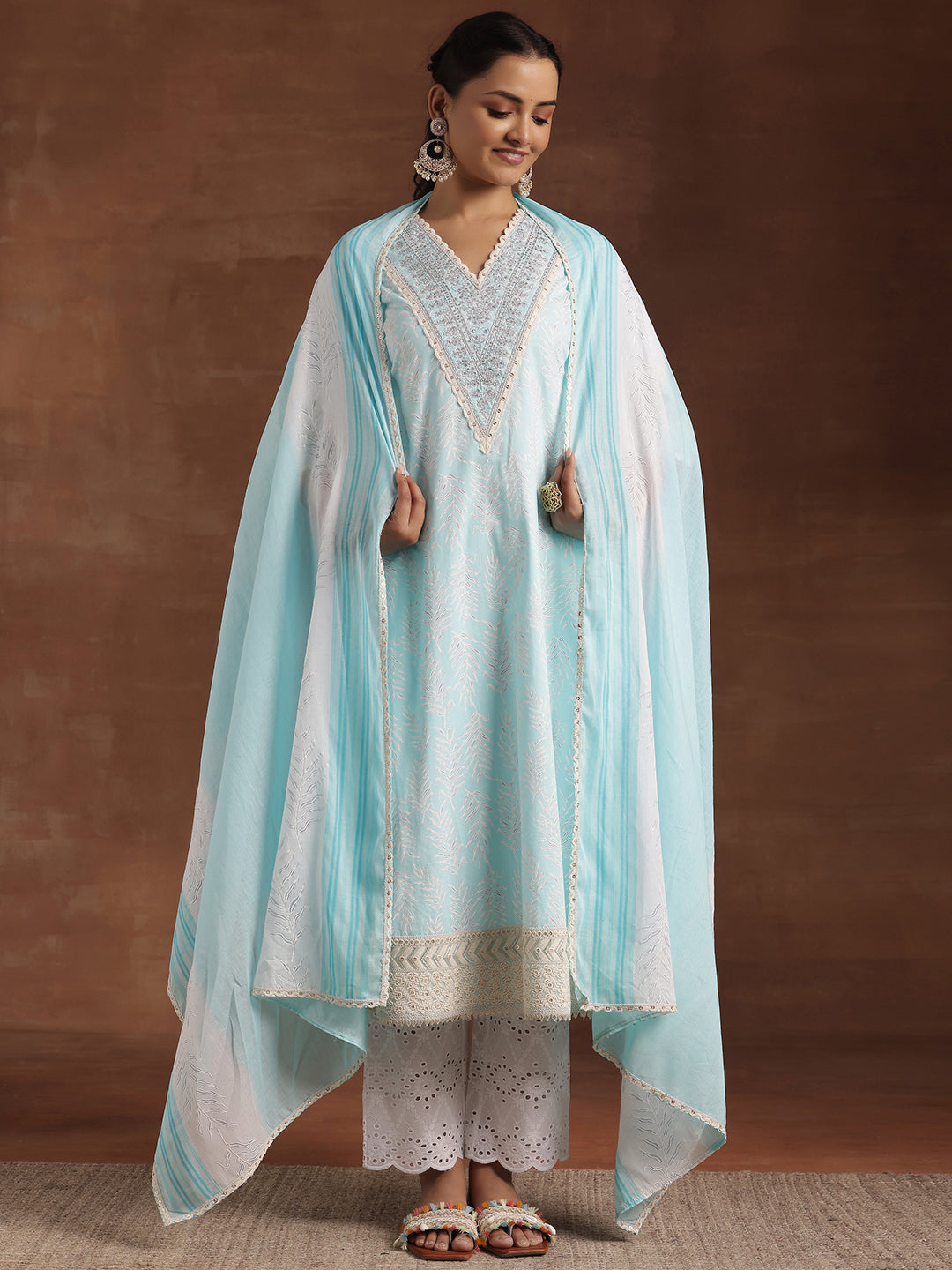 Blue Printed Cotton Straight Suit With Dupatta