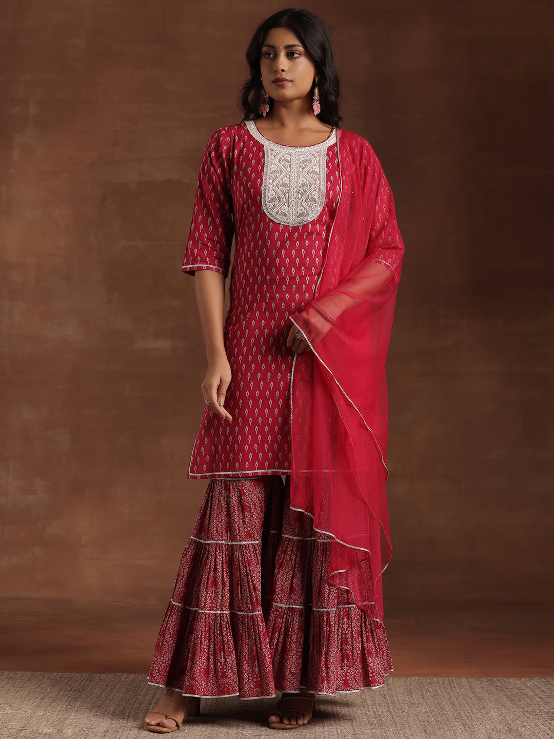 Pink Printed Cotton Straight Suit With Dupatta