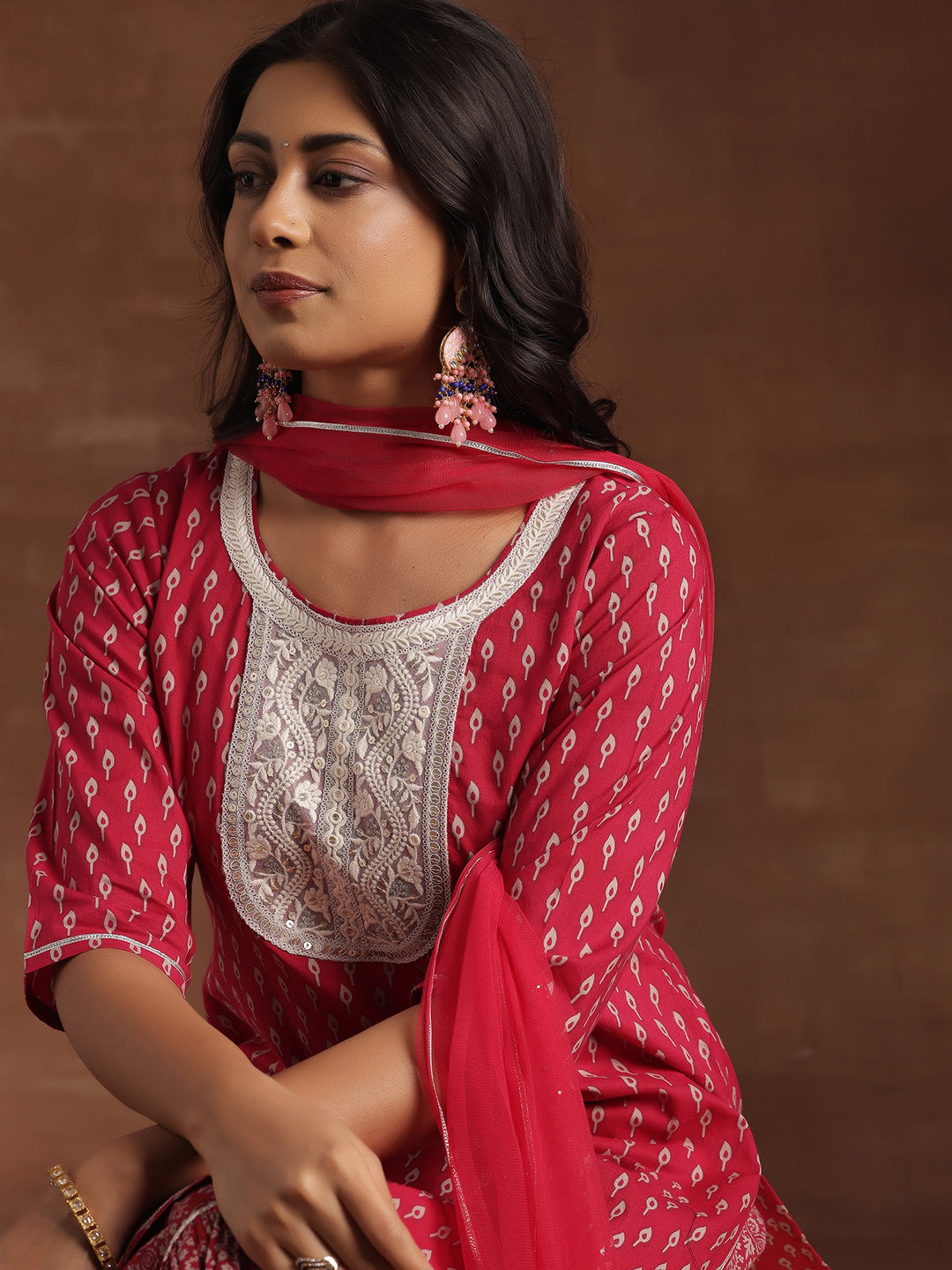 Pink Printed Cotton Straight Suit With Dupatta