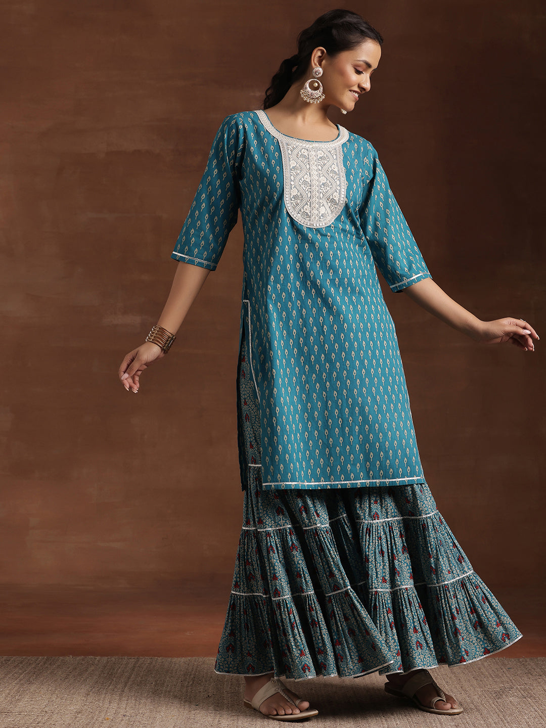 Blue Printed Cotton Straight Suit With Dupatta