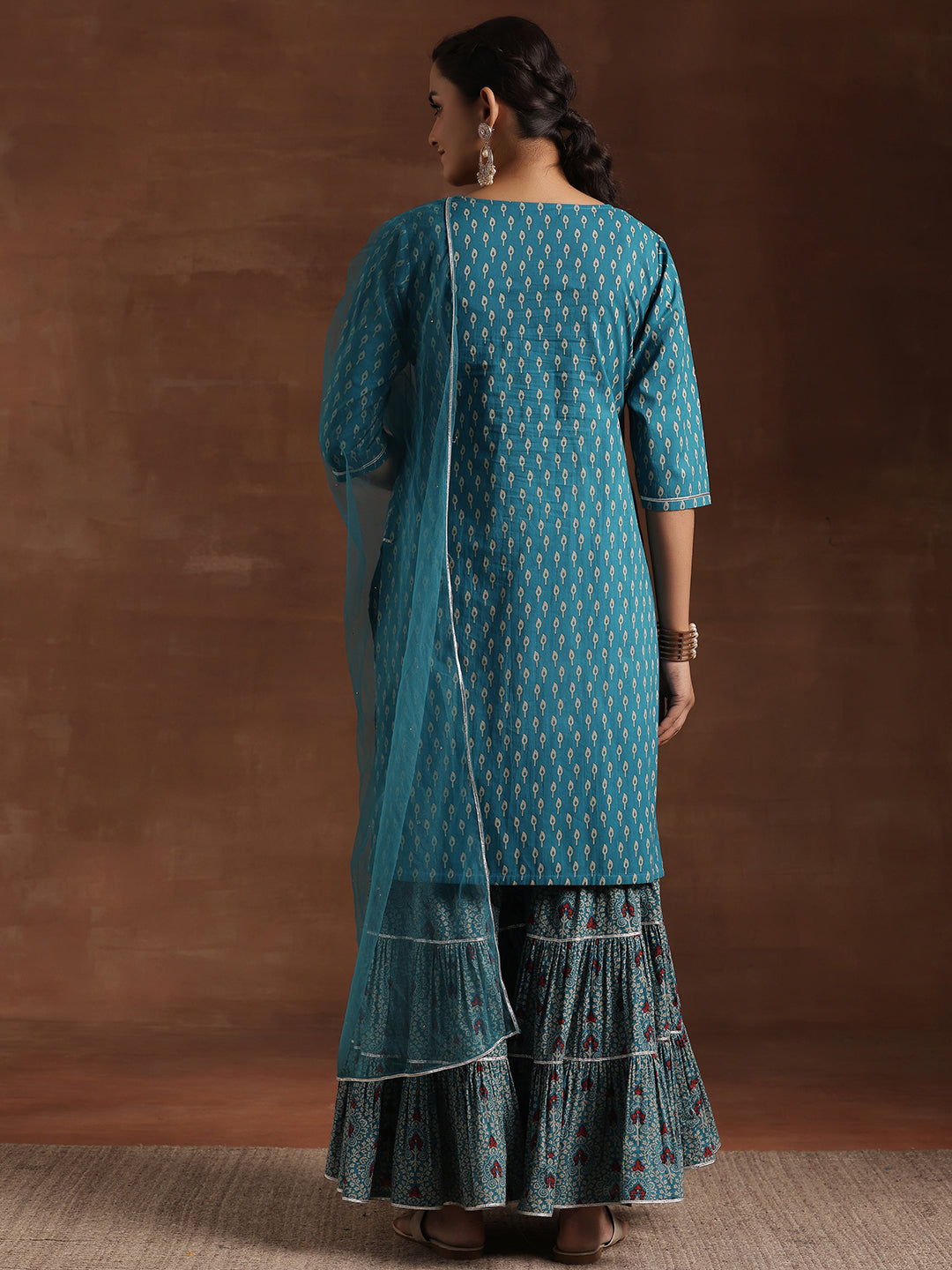 Blue Printed Cotton Straight Suit With Dupatta