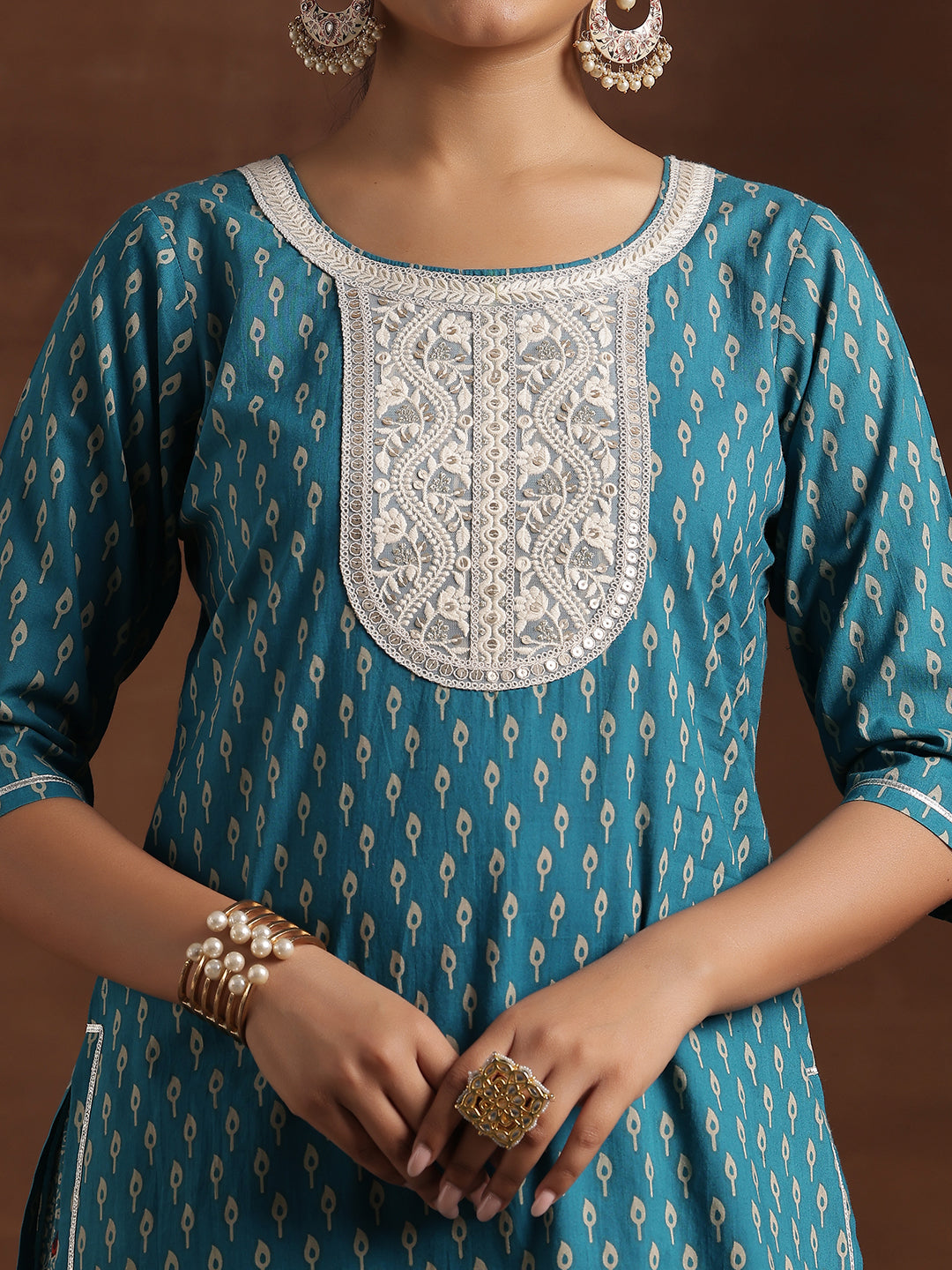 Blue Printed Cotton Straight Suit With Dupatta