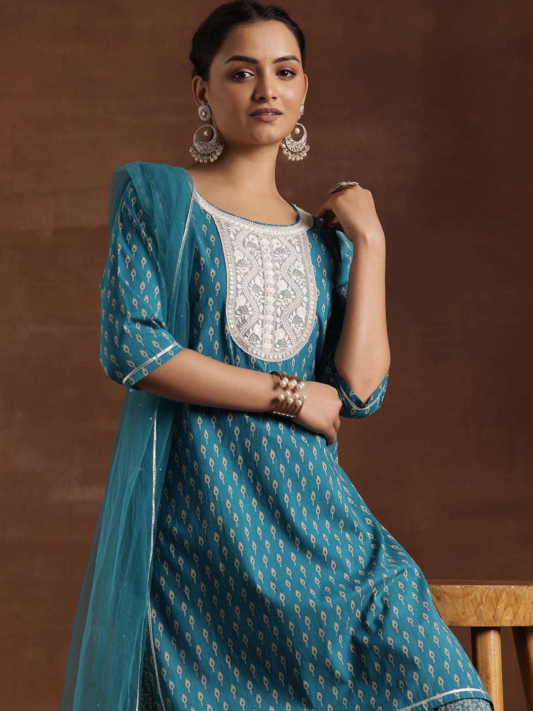 Blue Printed Cotton Straight Suit With Dupatta