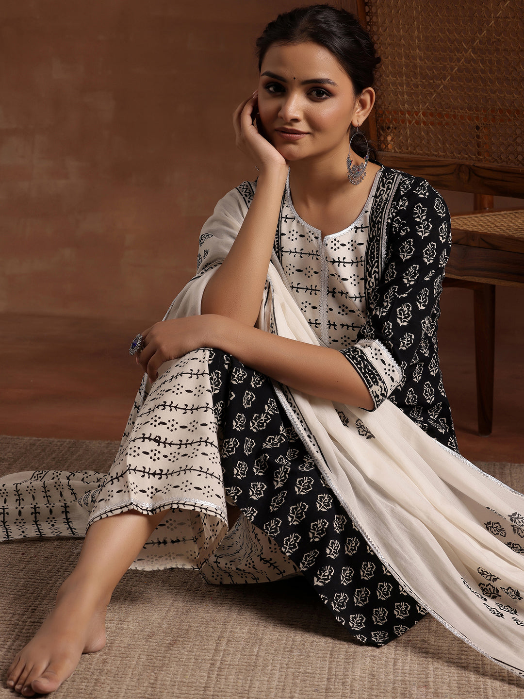 Monochrome Printed Cotton Straight Suit With Dupatta