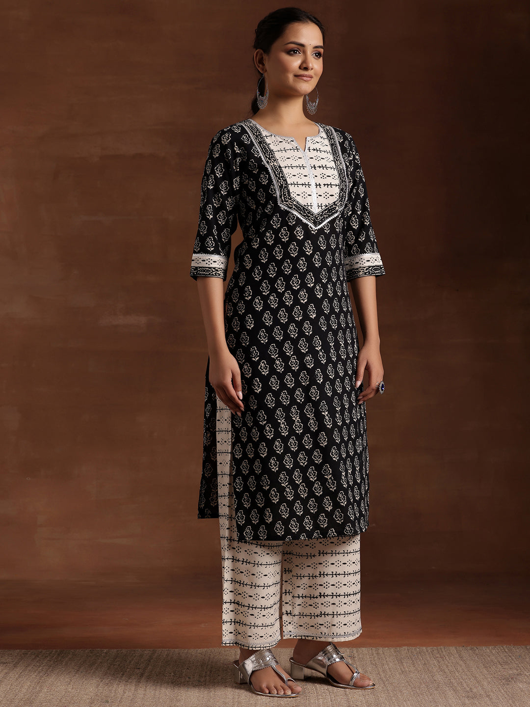 Monochrome Printed Cotton Straight Suit With Dupatta