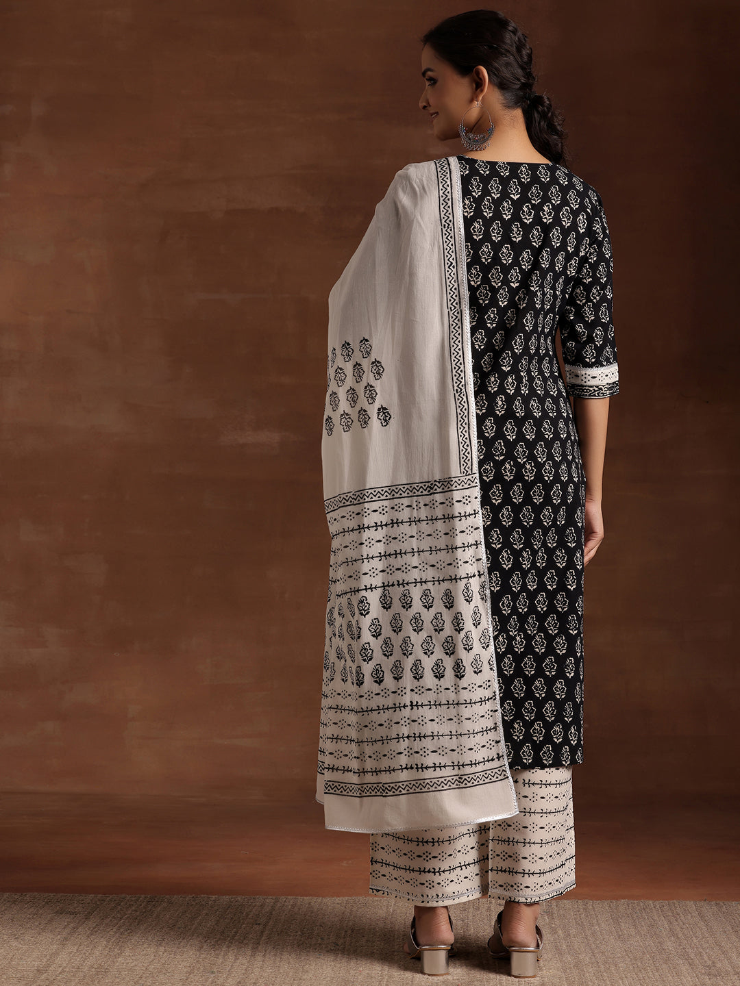 Monochrome Printed Cotton Straight Suit With Dupatta