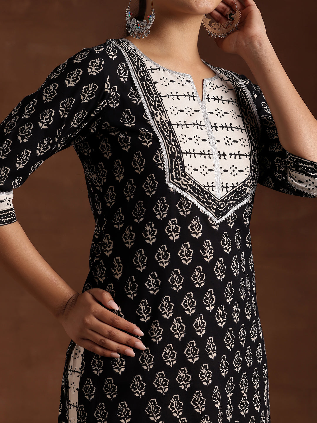 Monochrome Printed Cotton Straight Suit With Dupatta