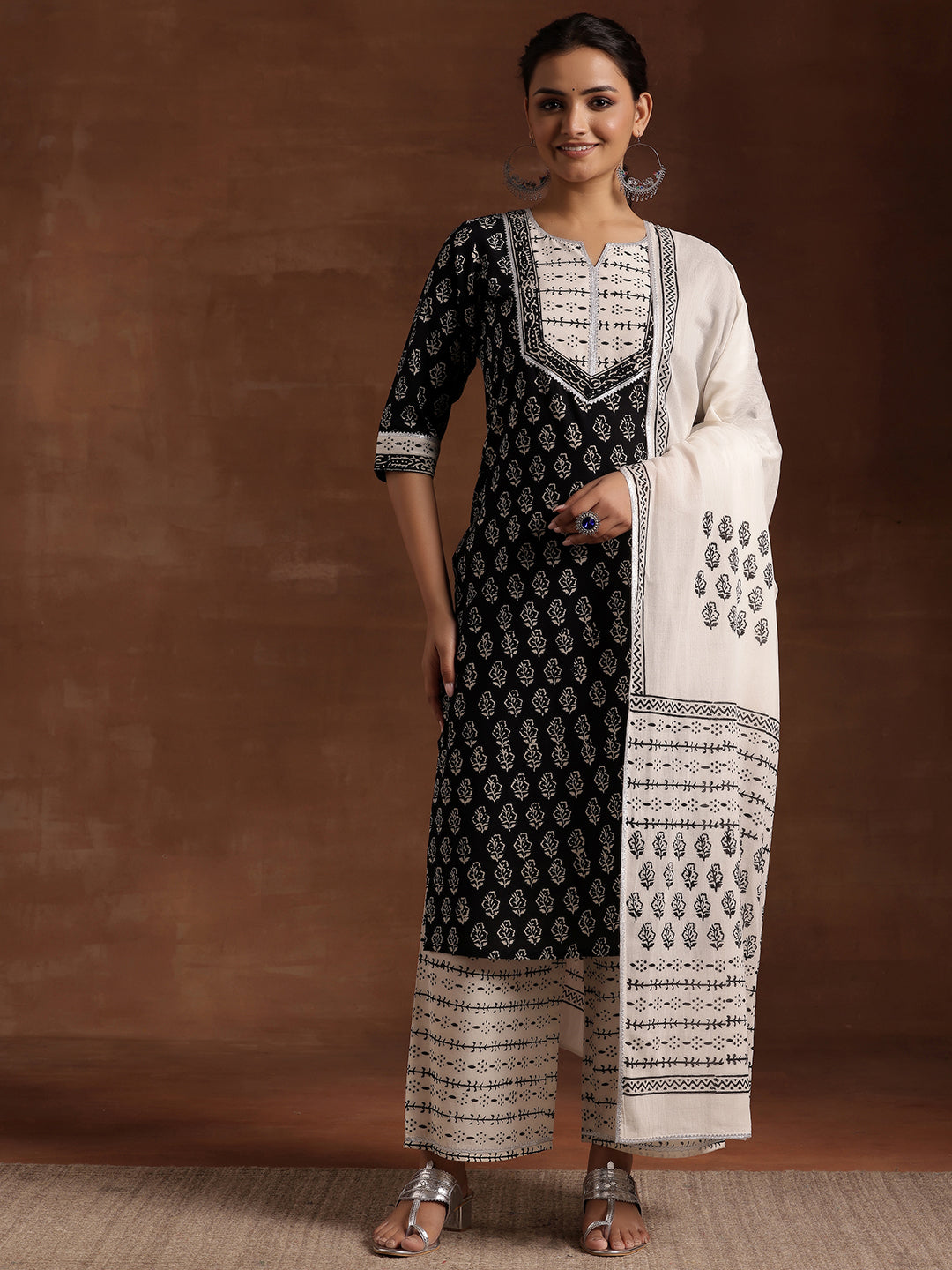 Monochrome Printed Cotton Straight Suit With Dupatta