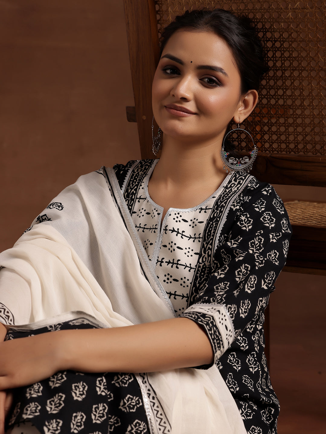 Monochrome Printed Cotton Straight Suit With Dupatta