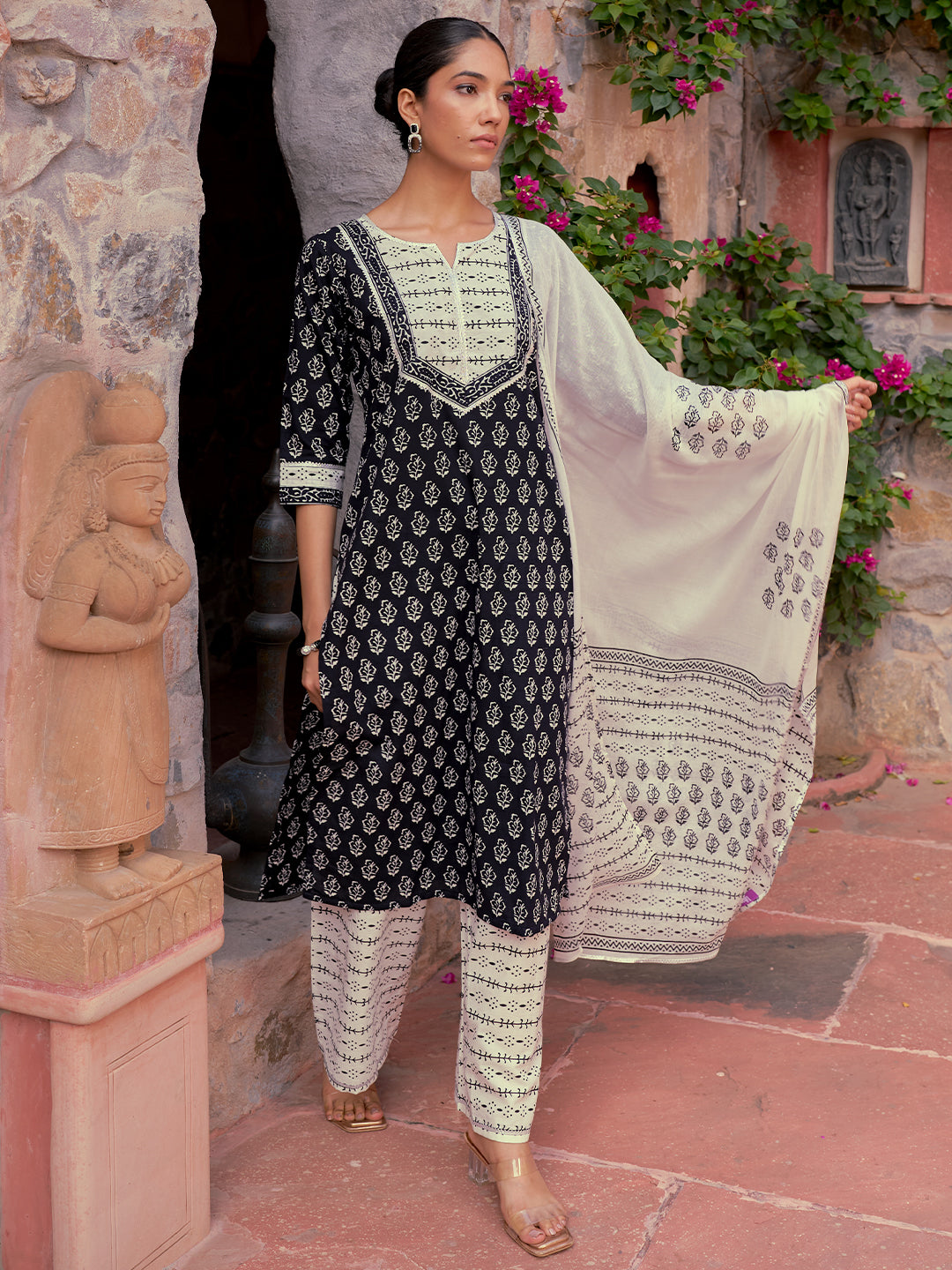 Monochrome Printed Cotton Straight Suit With Dupatta