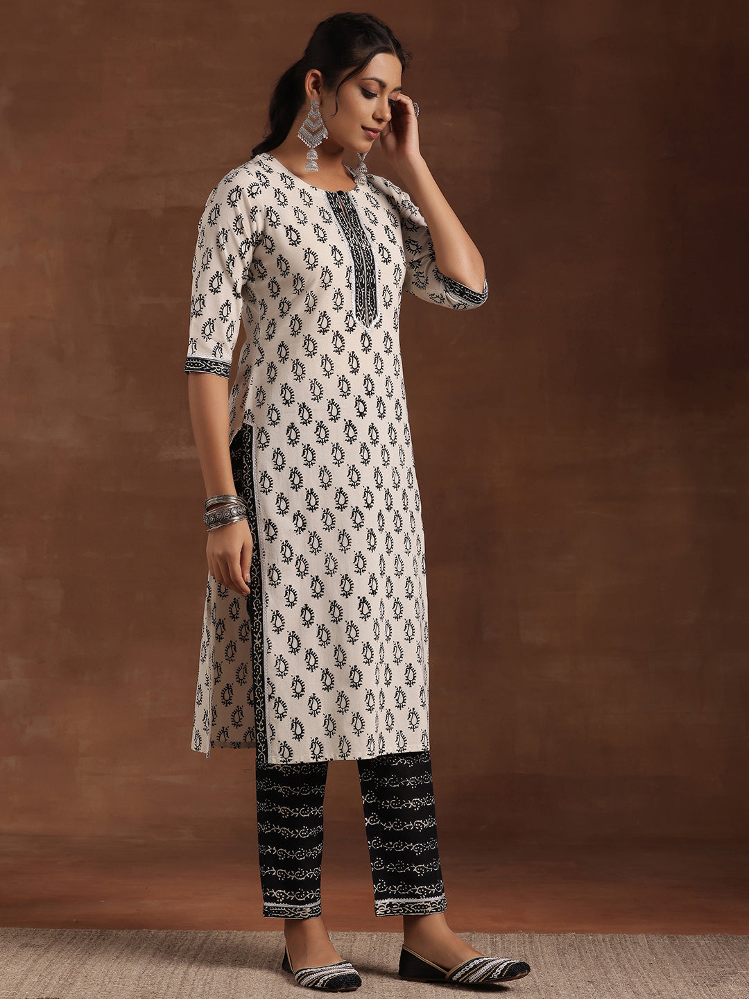 Monochrome Printed Cotton Straight Suit With Dupatta