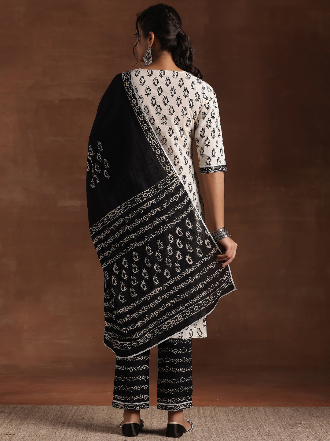 Monochrome Printed Cotton Straight Suit With Dupatta