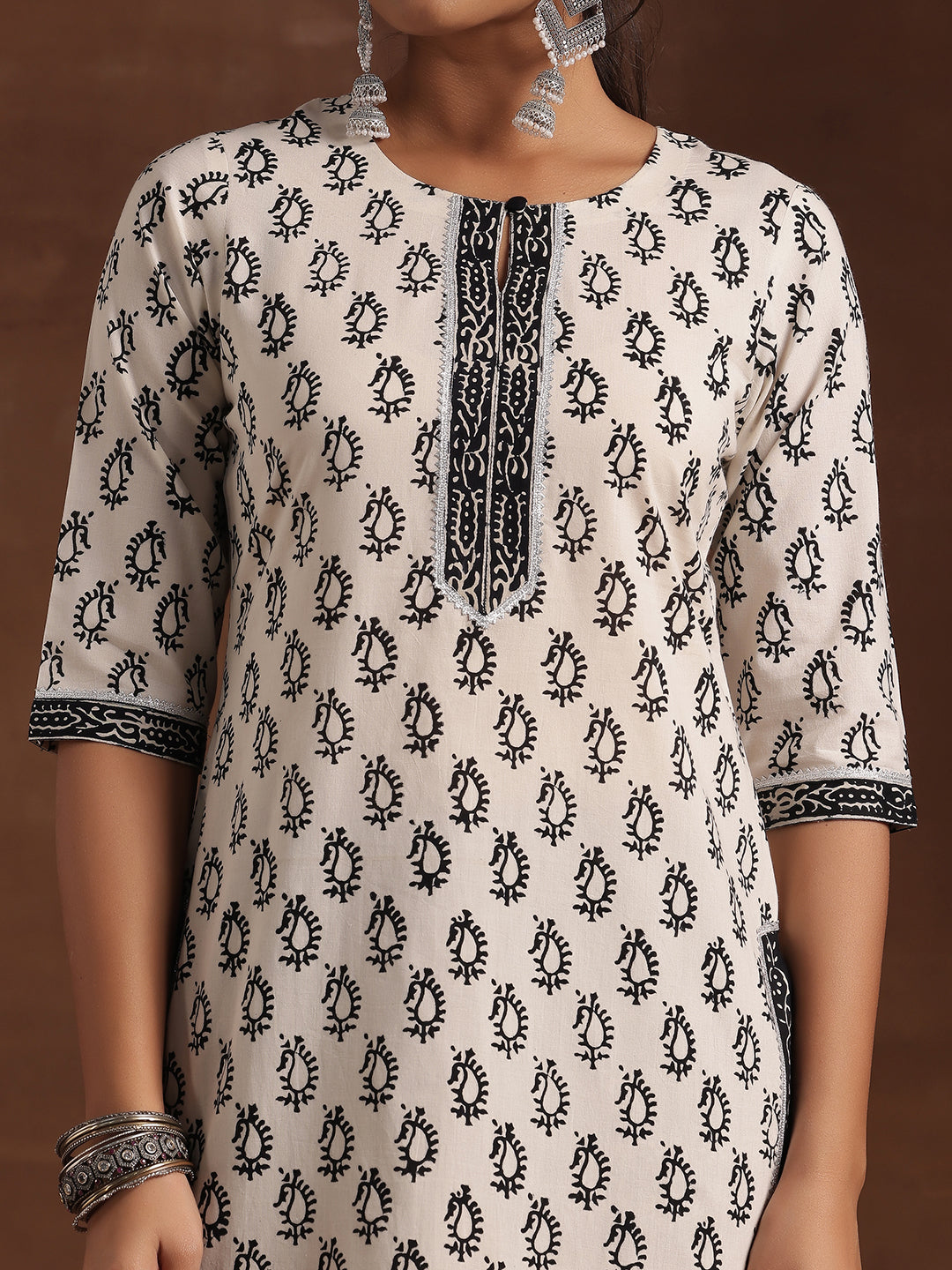 Monochrome Printed Cotton Straight Suit With Dupatta