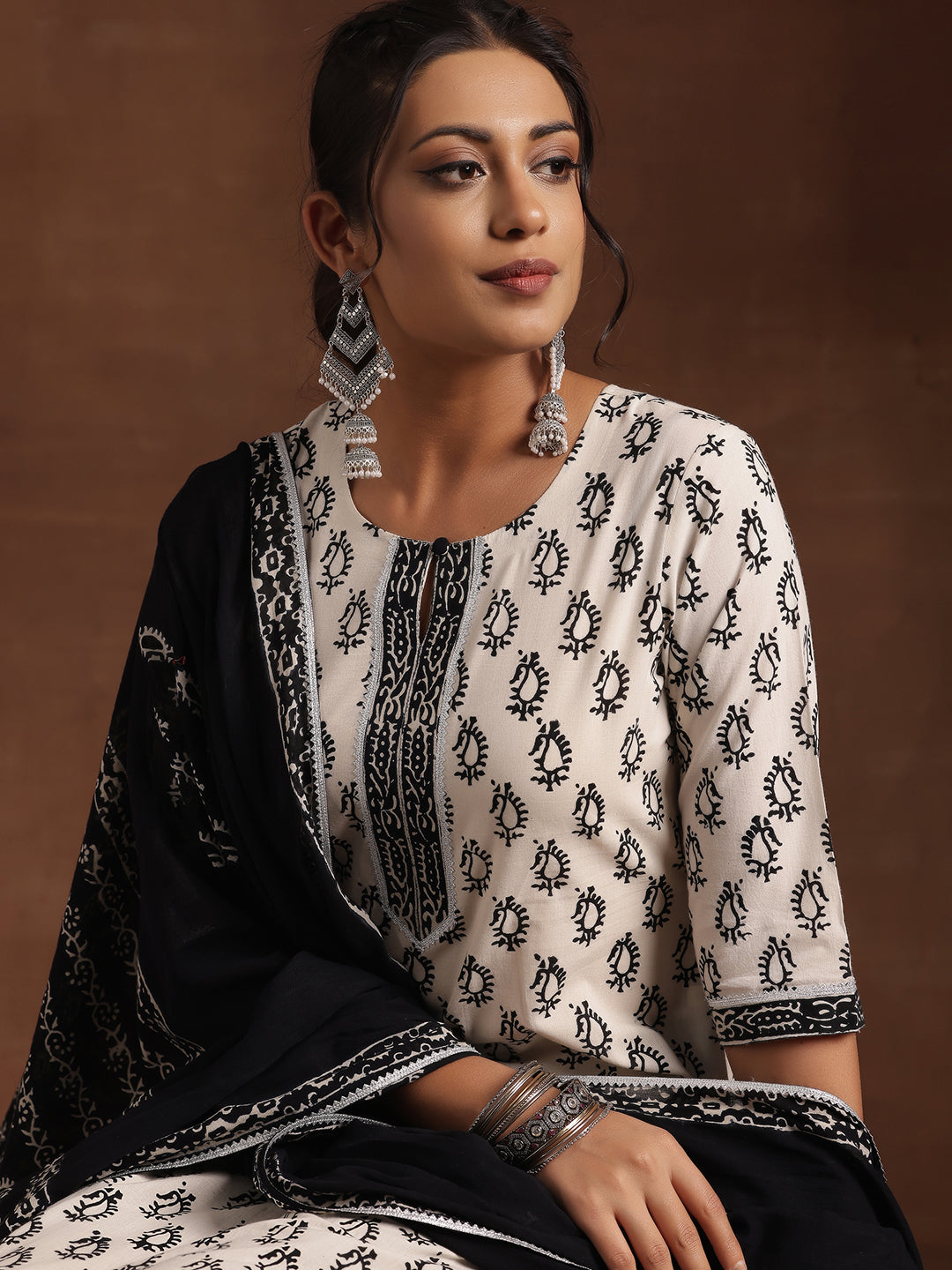 Monochrome Printed Cotton Straight Suit With Dupatta