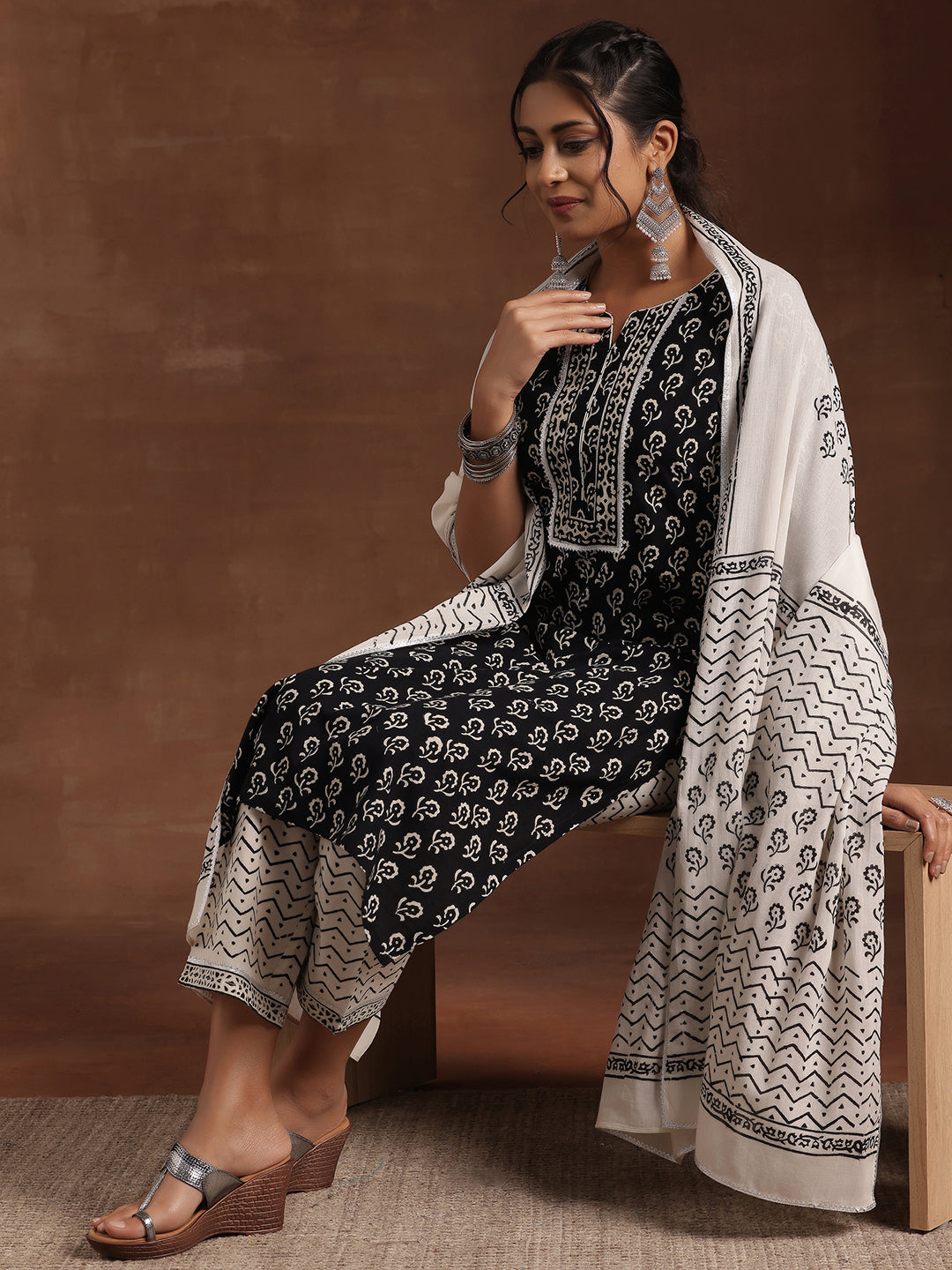 Black Printed Cotton Straight Suit With Dupatta