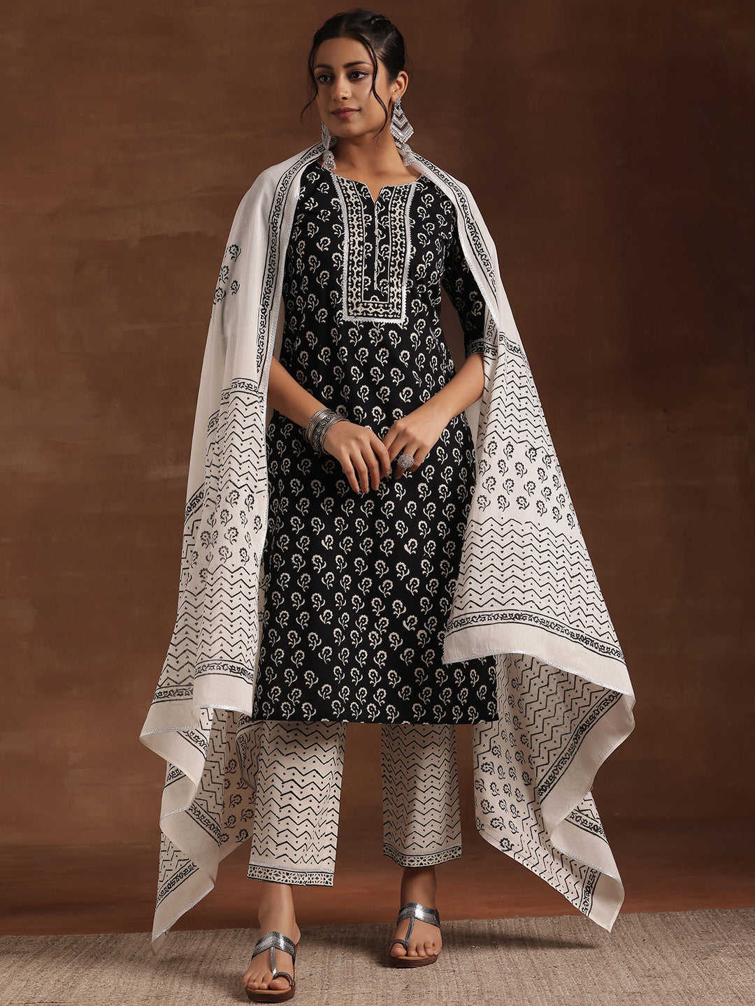 Black Printed Cotton Straight Suit With Dupatta