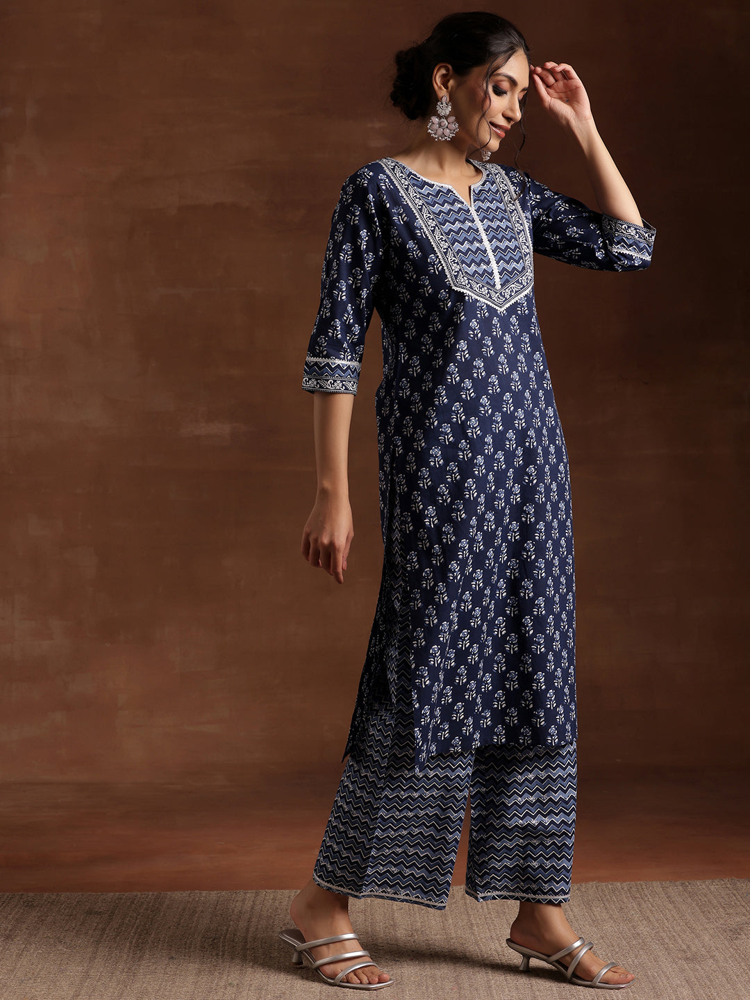 Indigo Printed Cotton Straight Suit With Dupatta