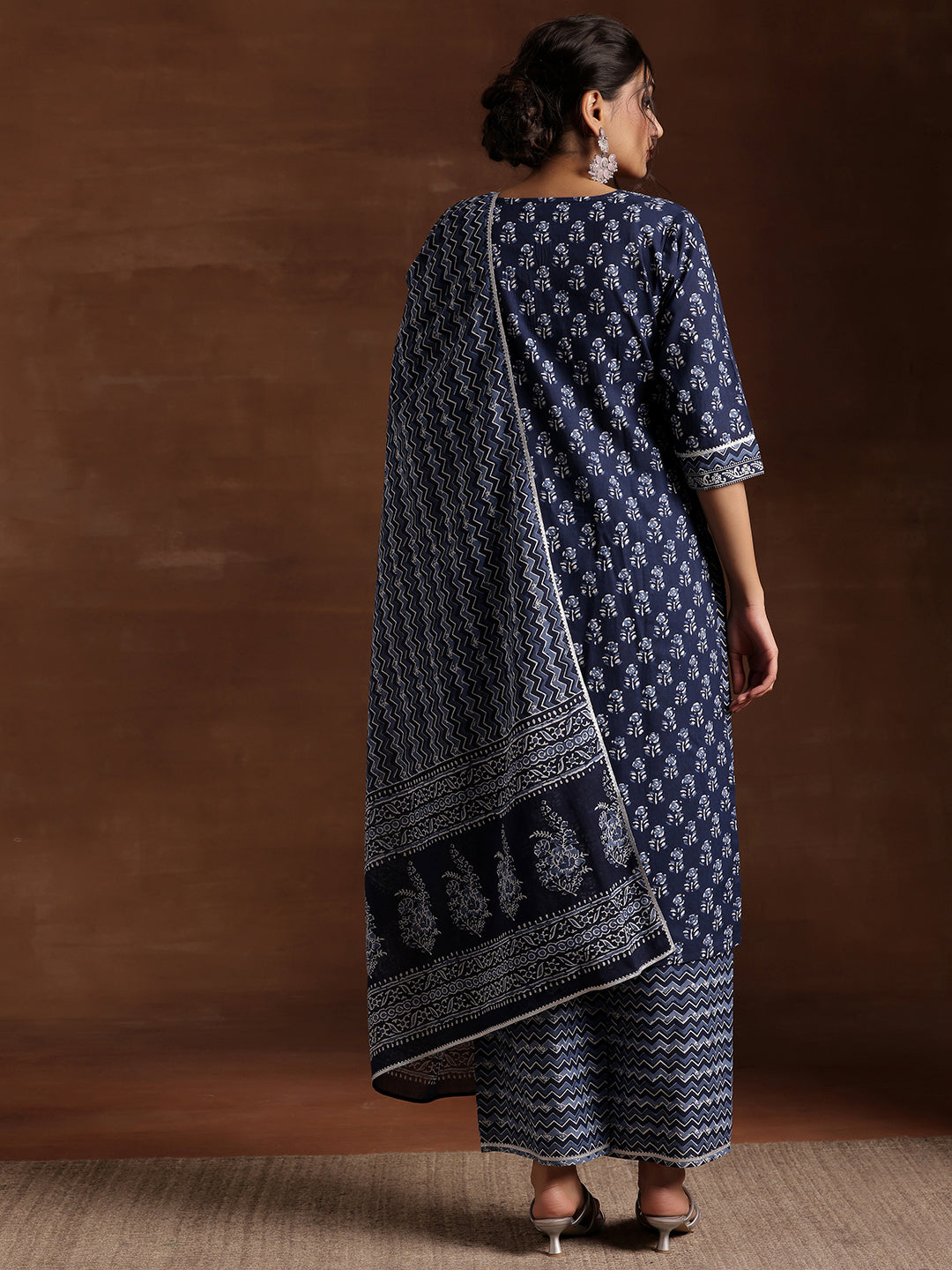 Indigo Printed Cotton Straight Suit With Dupatta