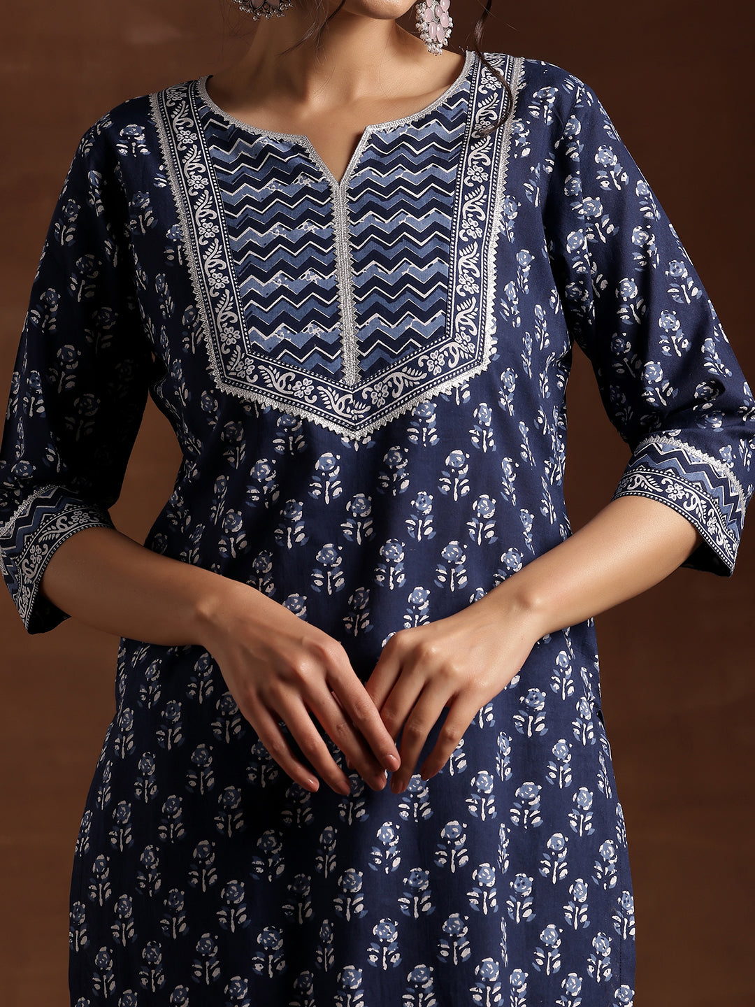 Indigo Printed Cotton Straight Suit With Dupatta