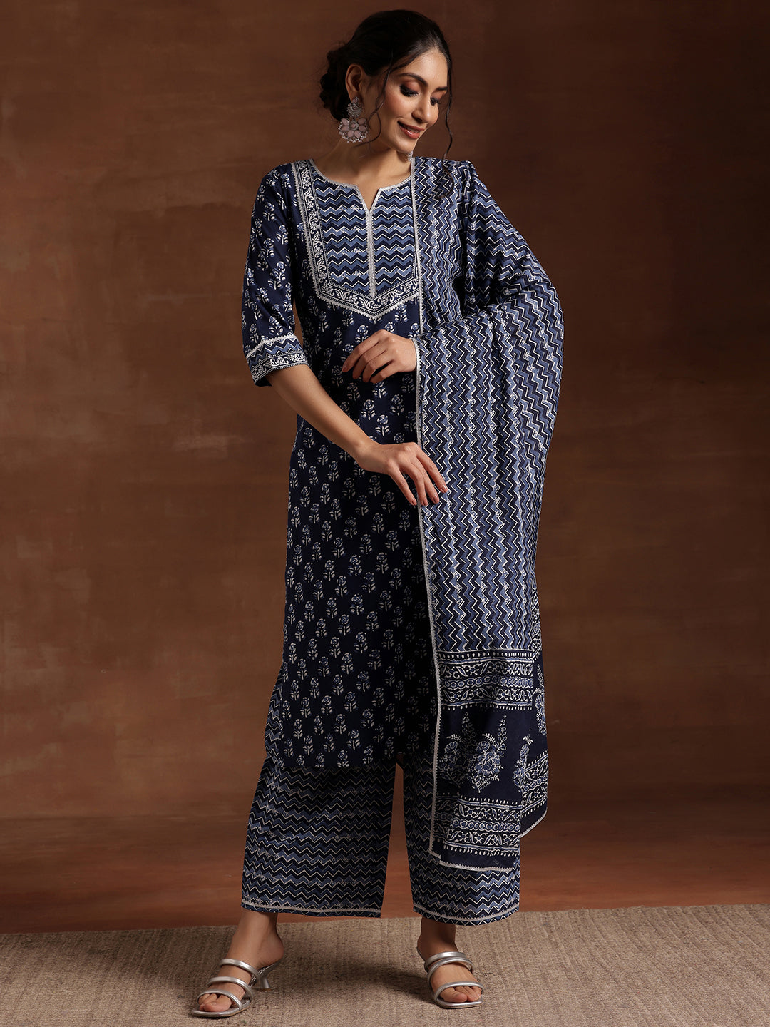 Indigo Printed Cotton Straight Suit With Dupatta