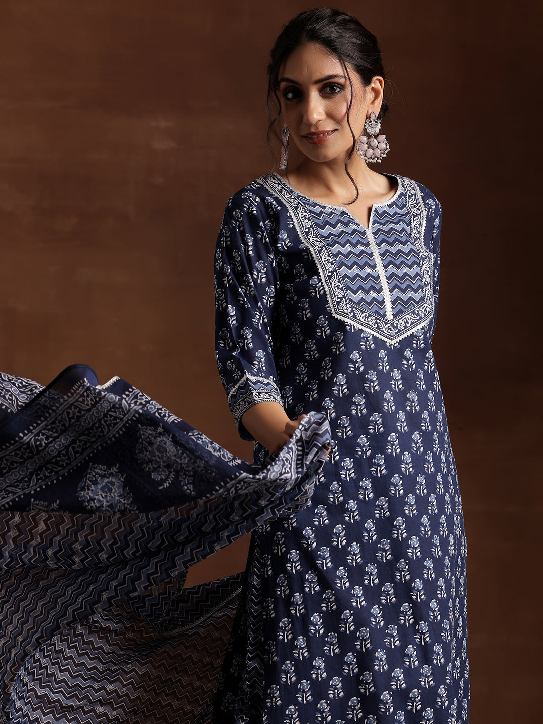 Indigo Printed Cotton Straight Suit With Dupatta