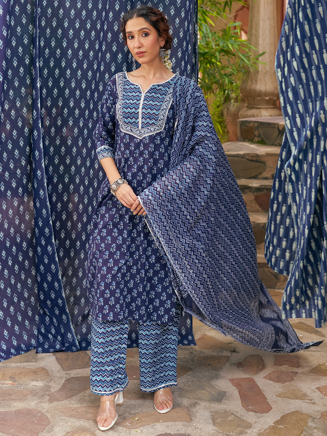 Indigo Printed Cotton Straight Suit With Dupatta