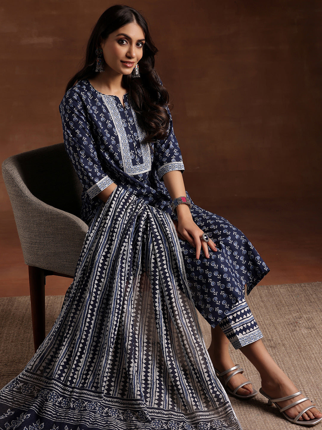 Indigo Printed Cotton Straight Suit With Dupatta