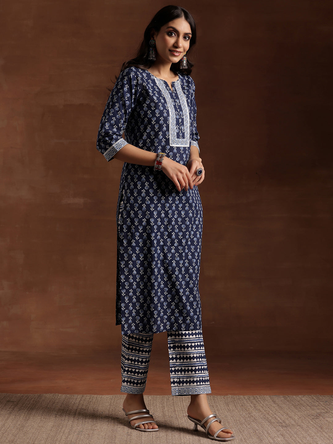 Indigo Printed Cotton Straight Suit With Dupatta