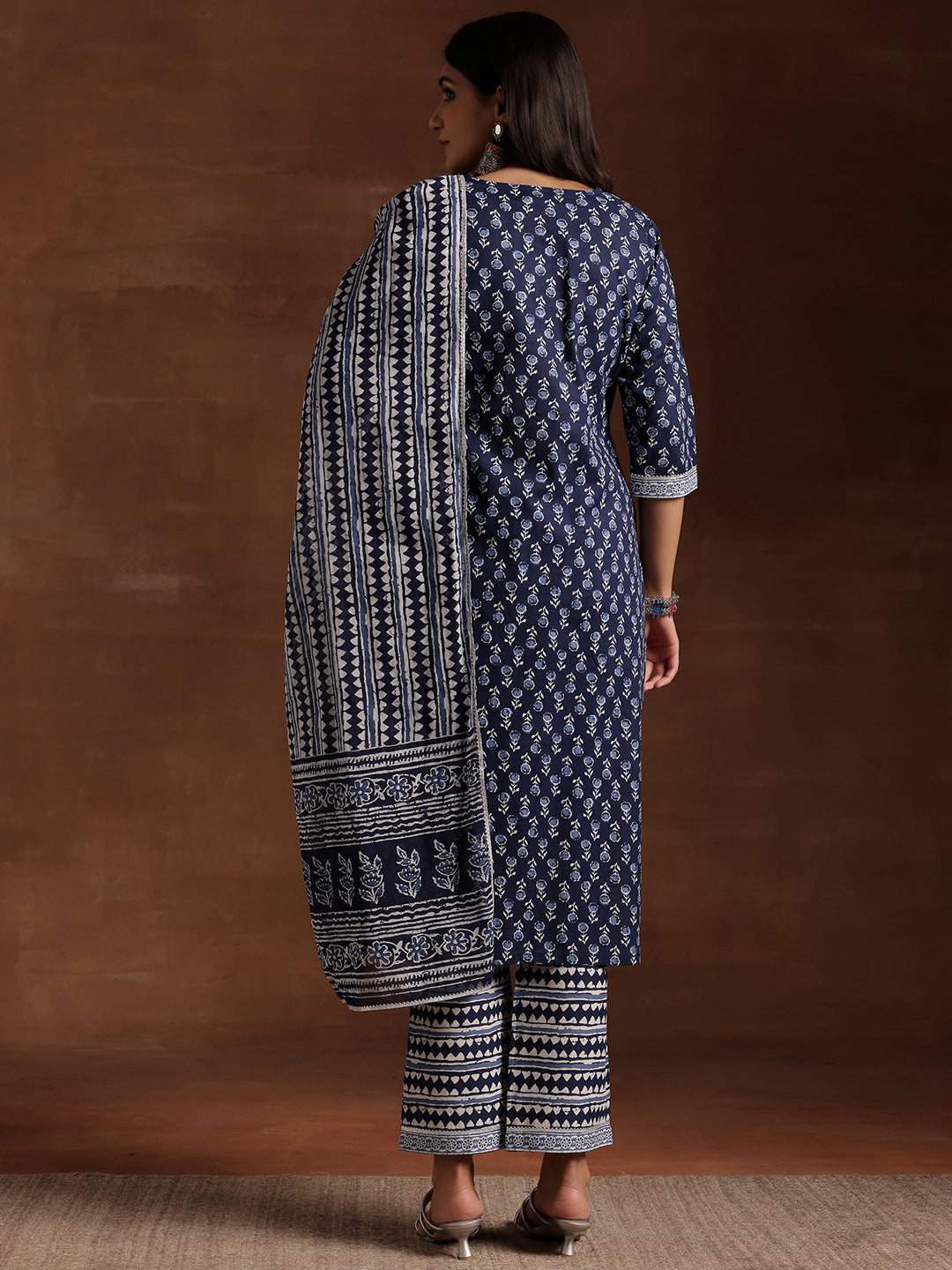 Indigo Printed Cotton Straight Suit With Dupatta