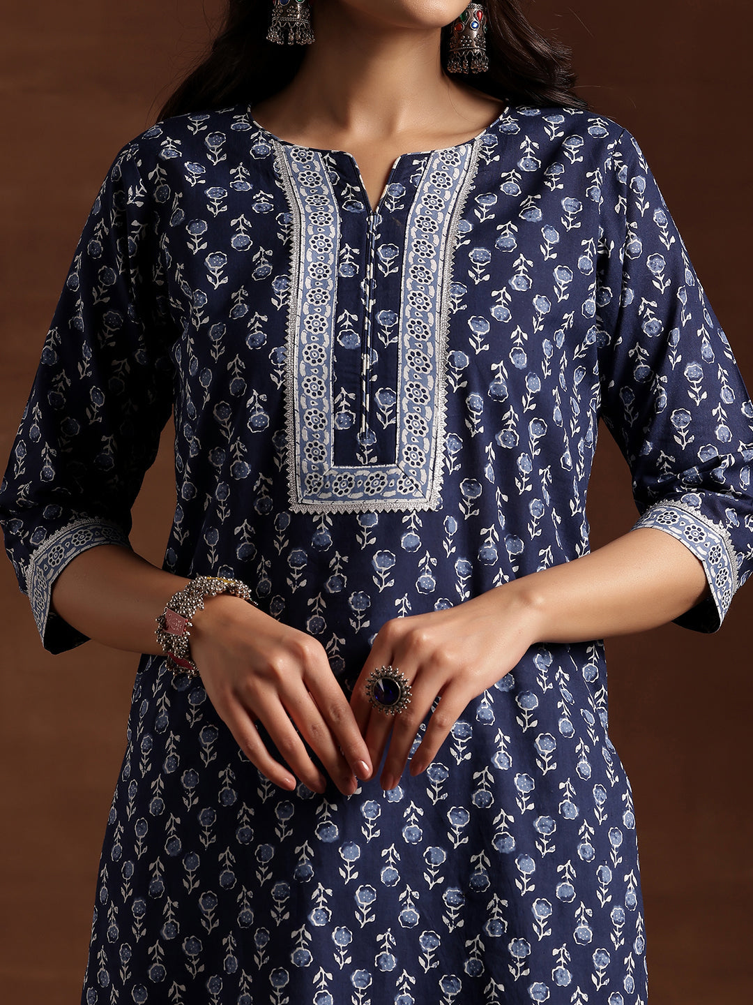 Indigo Printed Cotton Straight Suit With Dupatta