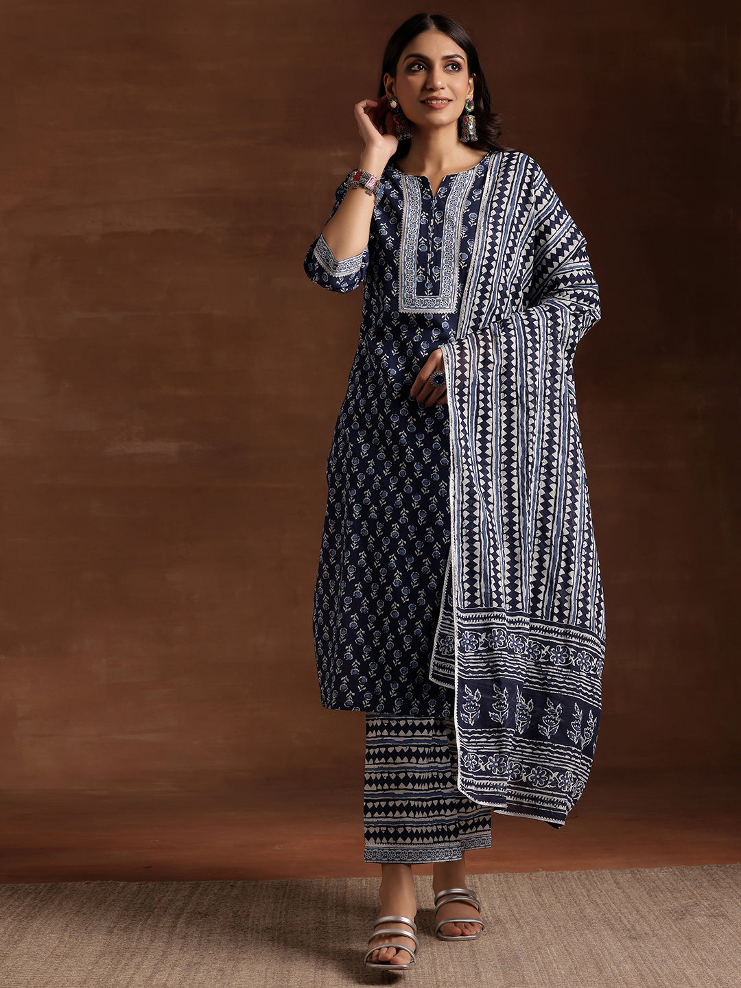 Indigo Printed Cotton Straight Suit With Dupatta