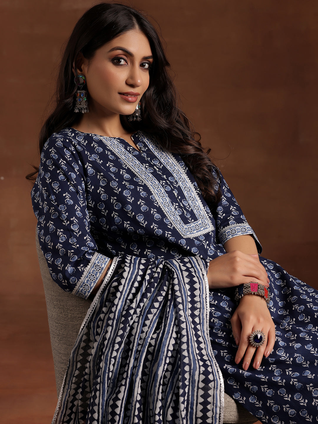 Indigo Printed Cotton Straight Suit With Dupatta